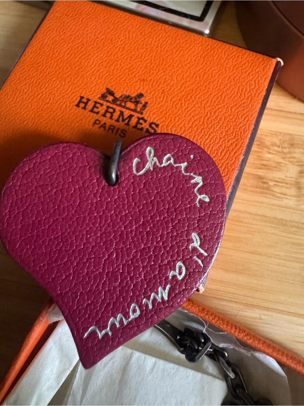 Hermes Heart Leather Bag Charm with Orange Box